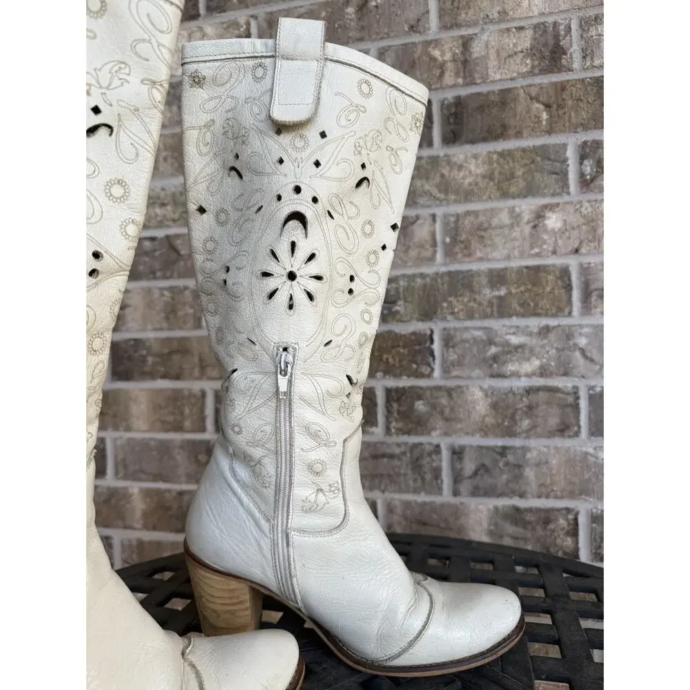 Vintage Ivory Cutout Celestial Cowboy Spanish Western Boots EU 38 / US 7.5